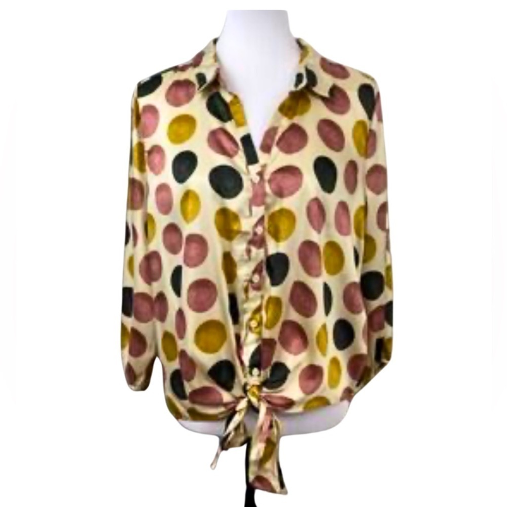 Women's Harve Benard Blouse M Cream Brown Pink Polka Dot Fall 70s Romance Moon
